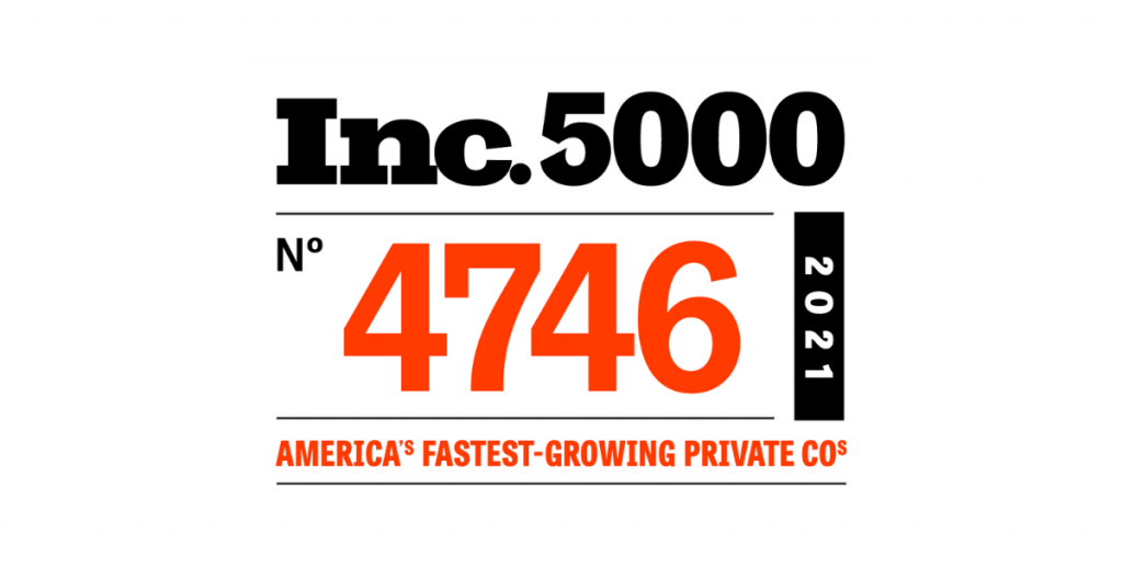 A white background is shown with the red and black Inc. 5000 logo. Inc. 5000 is at the top with the number rank No. 4746 below in red. Beside the rank the year reads 2021. Below it all is the text "America's Fastest-Growing Private Cos." in red.