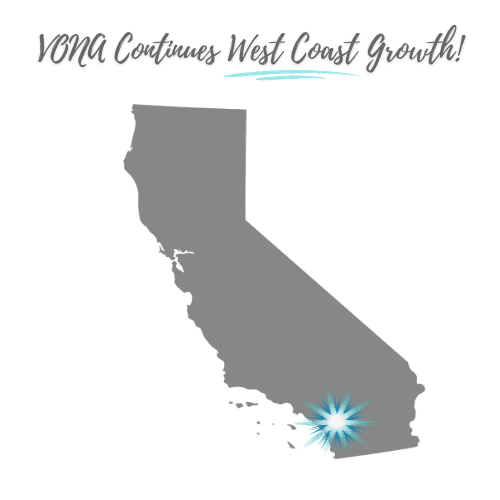The shape of the state of California is shown in grey, with the text above it "VONA Continues West Coast Growth!" A teal colored starburst is shown over the city of Murietta area of the state graphic.